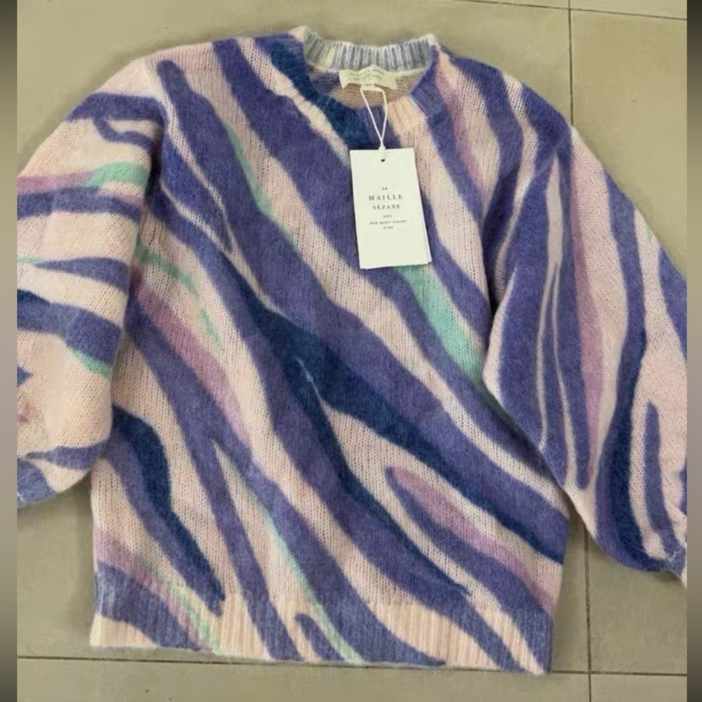NWT Sezane Chessy Sweater Zebra Pastel Print Purple Blue French Knit - Picture 5 of 8
